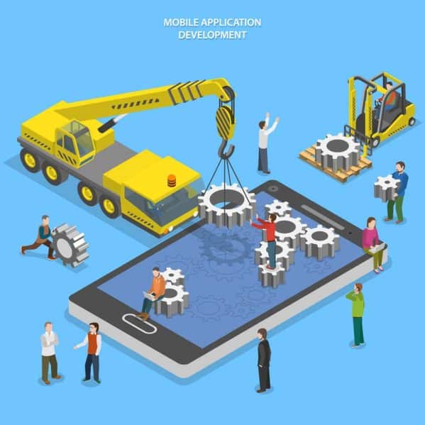 Mobile app development flat isometric vector conceptual illustration. People arrange gear on smartphone screen using crane and forklift.